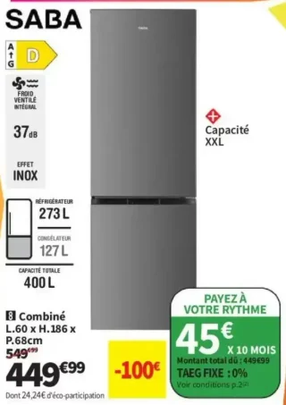 SABA Réfrigérateur combiné L.60 x H.186 x P.68 cm
