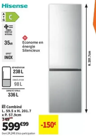 Hisense Réfrigérateur combiné L. 59.5 x H. 201.7 x P. 57.9 cm