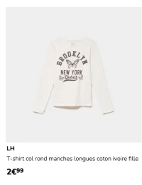 LH T-shirt col rond manches longues coton ivoire fille