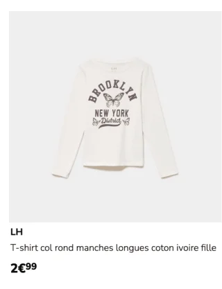 LH T-shirt col rond manches longues coton ivoire fille