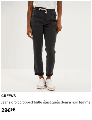 Jeans droit cropped taille élastiquée denim noir femme