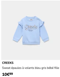 Sweat épaules à volants bleu gris bébé fille Creeks