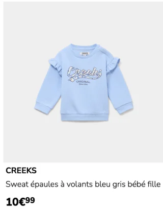 Sweat épaules à volants bleu gris bébé fille Creeks