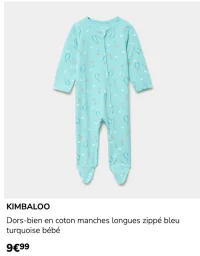 Dors-bien en coton manches longues zippé bleu turquoise bébé Kimbaloo