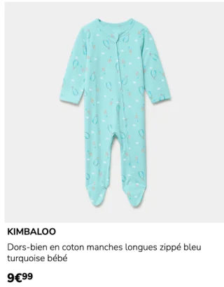 Dors-bien en coton manches longues zippé bleu turquoise bébé Kimbaloo