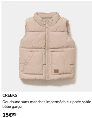 Doudoune sans manches imperméable zippée sable bébé garçon Creeks