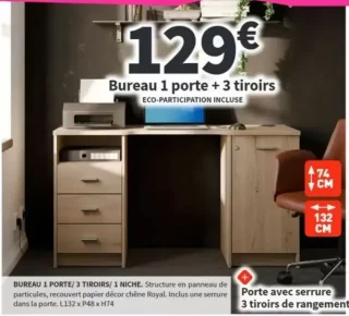 Bureau 1 porte + 3 tiroirs Conforama