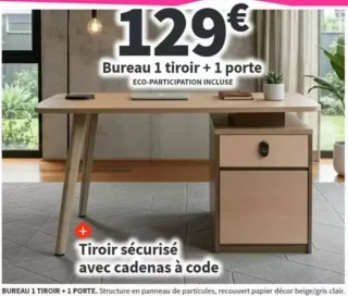 Bureau 1 tiroir + 1 porte avec cadenas à code