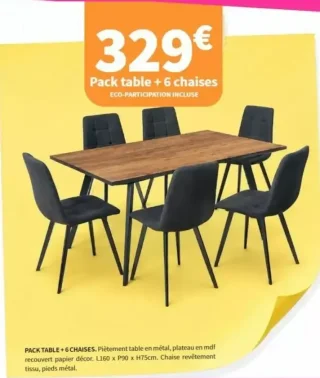 Pack table + 6 chaises - Piètement table en métal, plateau en mdf recouvert papier décor