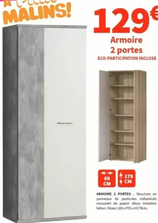 Armoire 2 portes Béton/Blanc