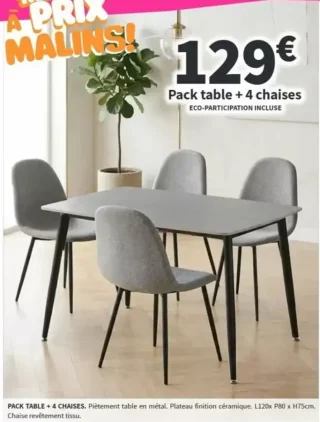 Pack table + 4 chaises (Plateau finition céramique, Chaise revêtement tissu)