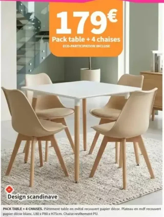 Pack table + 4 chaises Design scandinave (Plateau mdf blanc, Chaise revêtement PU)