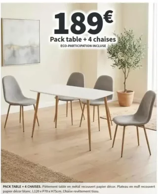 Pack table + 4 chaises (Plateau mdf blanc, Chaise revêtement tissu)