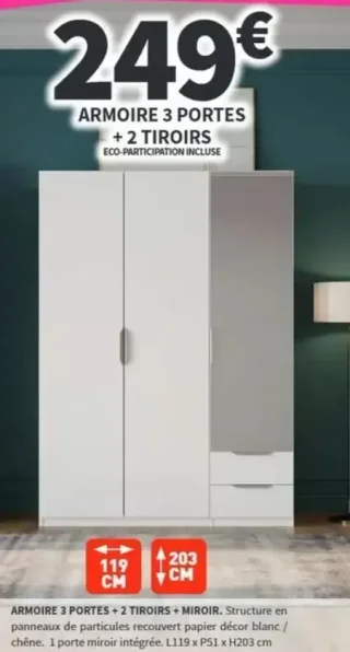 Armoire 3 portes + 2 tiroirs + miroir Conforama