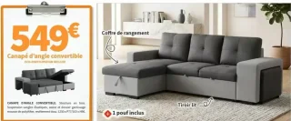 Canapé d'angle convertible avec coffre de rangement, tiroir lit et 1 pouf inclus