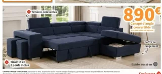 Canapé d'angle convertible avec têtières relevables, tiroir lit, 2 poufs inclus et coffre de rangement