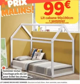 Lit cabane 90x190cm + sommier