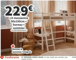 Lit mezzanine 90x190cm + bureau + sommier