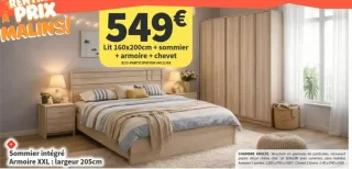 Chambre adulte : Lit 160x200cm + sommier + armoire + chevet