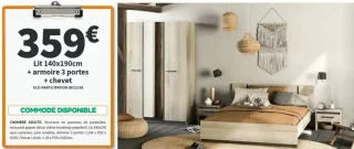 Chambre adulte : Lit 140x190cm + armoire 3 portes + chevet