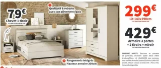 Chambre adulte : Lit 140x190cm, Armoire 3 portes + 2 tiroirs + miroir, Chevet 1 tiroir