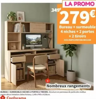 Bureau + surmeuble 4 niches + 2 portes + 2 tiroirs