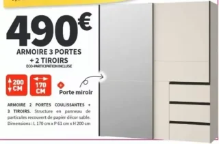 Armoire 2 portes coulissantes + 3 tiroirs