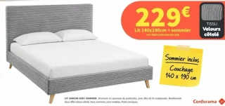 Lit 140x190cm avec sommier en tissu effet velours côtelé