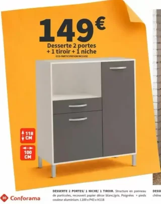 Desserte 2 portes + 1 tiroir + 1 niche blanc/gris