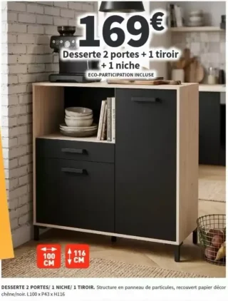 Desserte 2 portes + 1 tiroir + 1 niche chêne/noir
