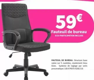 Fauteuil de bureau tissu linen L60 x P69 x H106/116