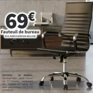 Fauteuil de bureau métal chromé PU L57 x P52 x H104/114