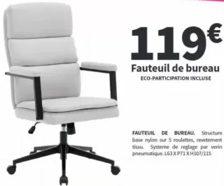 Fauteuil de bureau tissu L63 x P71 x H107/115
