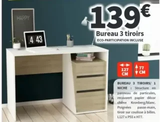 Bureau 3 tiroirs
