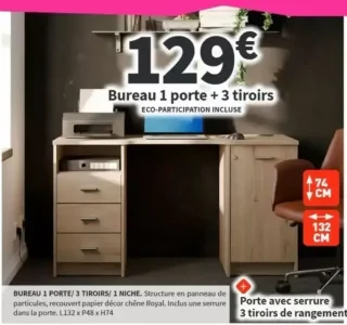 Bureau 1 porte + 3 tiroirs