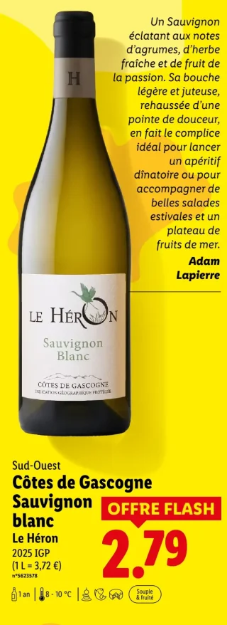 Côtes de Gascogne Sauvignon blanc Le Héron 2025 IGP Vin Blanc