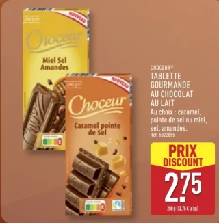 CHOCEUR® TABLETTE GOURMANDE AU CHOCOLAT AU LAIT (Miel Sel Amandes / Caramel)