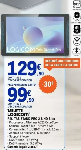 TABLETTE LOGICOM TAB STAND PRO 2 B HD Bleu