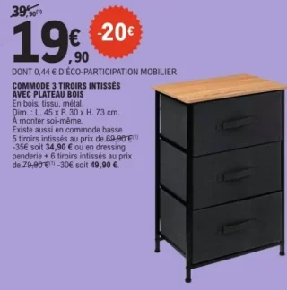 Commode 3 tiroirs intissés avec plateau bois
