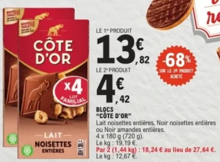 Blocs "CÔTE D'OR" Lait noisettes entières, Noir noisettes entières ou Noir amandes entières