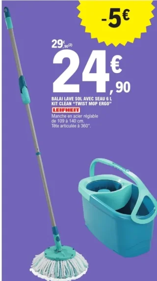 Balai lave sol avec seau 6 L Kit Clean "Twist Mop Ergo" Leifheit