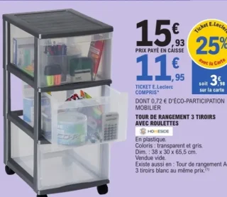 Tour de rangement 3 tiroirs avec roulettes Homeside