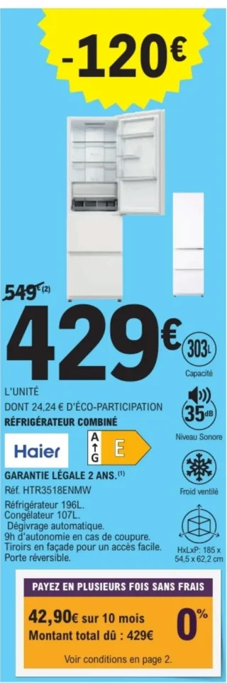 RÉFRIGÉRATEUR COMBINÉ Haier HTR3518ENMW