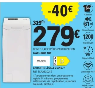 Lave-linge top Candy TCA263D2-S