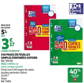 540 pages de feuilles simples perforées Oxford