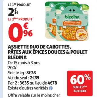 Assiette duo de carottes, pâtes aux épices douces & poulet Blédina