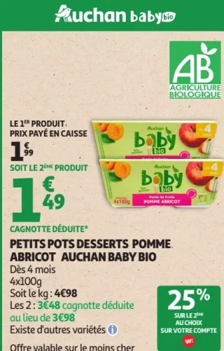 Petits pots desserts pomme abricot Auchan Baby Bio