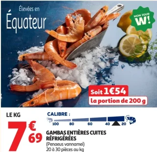 Gambas entières cuites réfrigérées