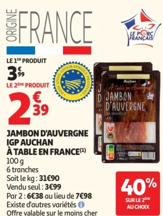JAMBON D'AUVERGNE IGP AUCHAN À TABLE EN FRANCE