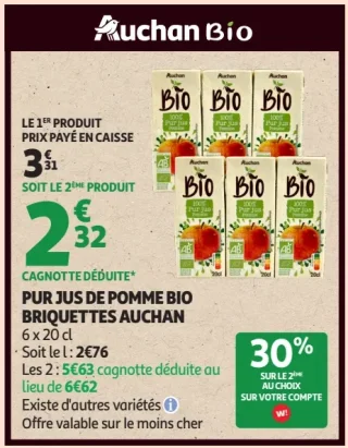 Pur jus de pomme bio briquettes Auchan